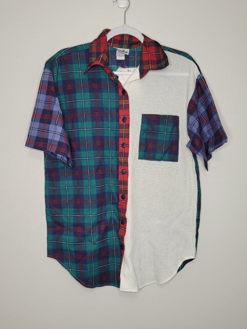 Vintage 90s 80s Caribou mixed plaid thermal button front short sleeve cabincore - Picture 2 of 7